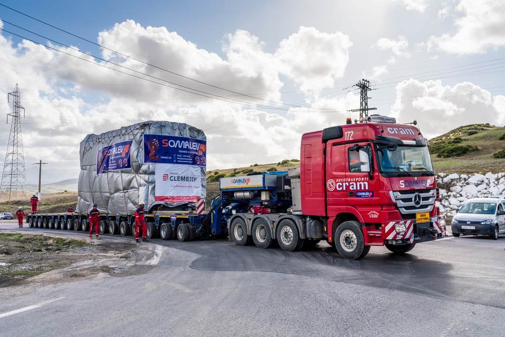 SOMALEV heavy transport convoy carrying a transformer